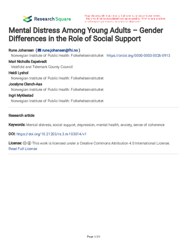 (PDF) Mental Distress Among Young Adults – Gender Differences in the ...