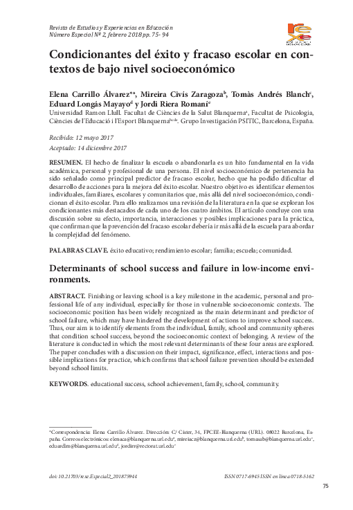Condicionantes del éxito y fracaso escolar en contextos de bajo nivel socioeconómico