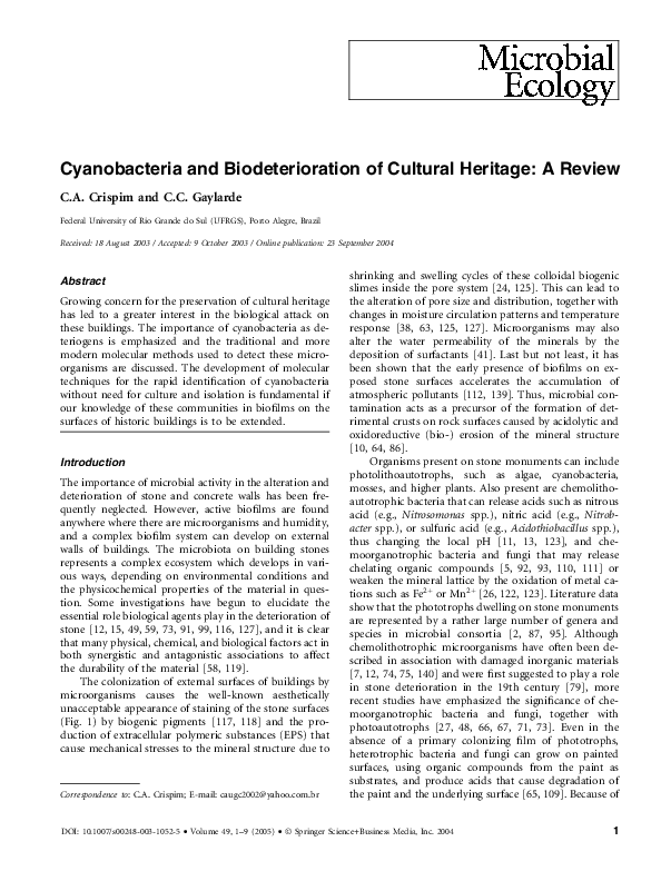 (PDF) Cyanobacteria and Biodeterioration of Cultural Heritage: A Review