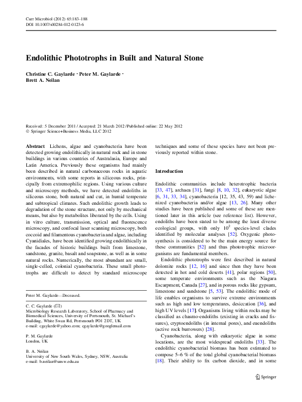 (PDF) Endolithic Phototrophs in Built and Natural Stone