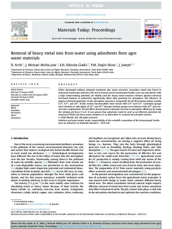 (PDF) Removal of heavy metal ions from water using adsorbents from agro ...