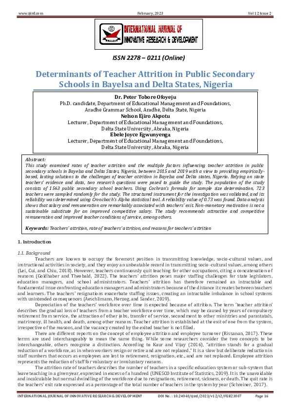 (PDF) Determinants of Teacher Attrition in Public Secondary Schools in ...
