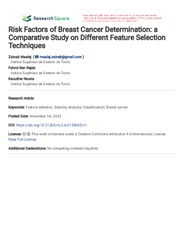 (PDF) Risk Factors of Breast Cancer Determination: a Comparative Study ...