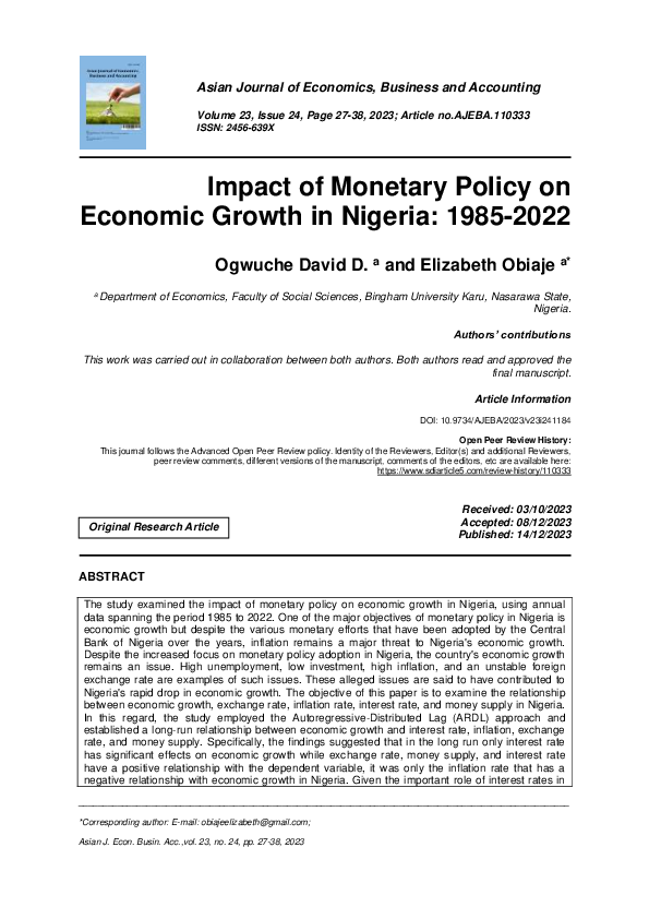 (PDF) Impact of Monetary Policy on Economic Growth in Nigeria: 1985-2022