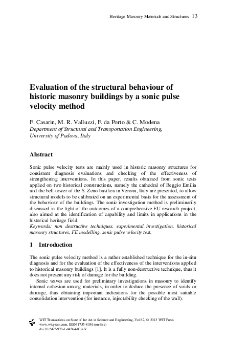(PDF) Evaluation Of The Structural Behaviour OfHistoric Masonry ...