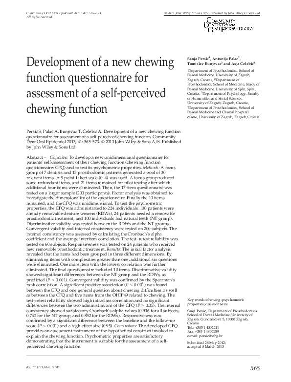 (PDF) Development of a new chewing function questionnaire (CFQ):factor ...