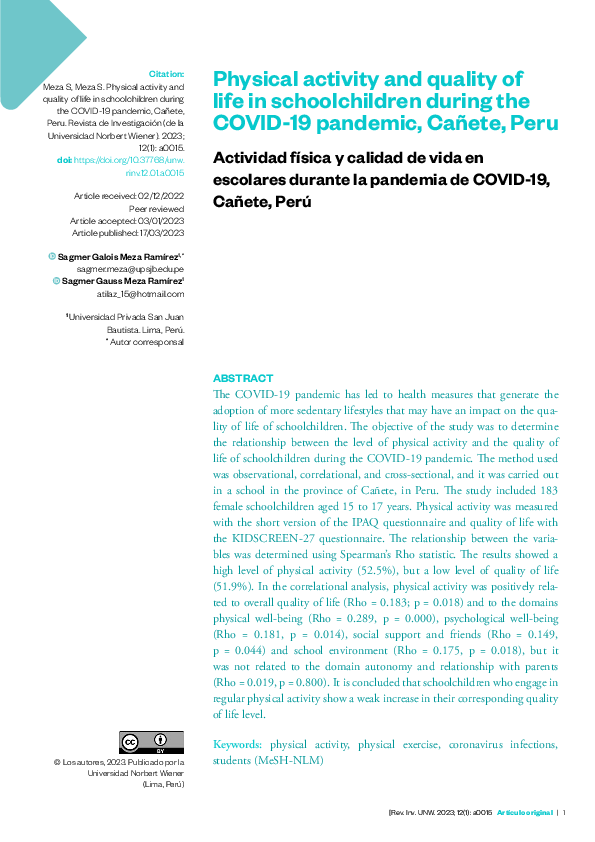 (PDF) Physical activity and quality of life in schoolchildren during ...