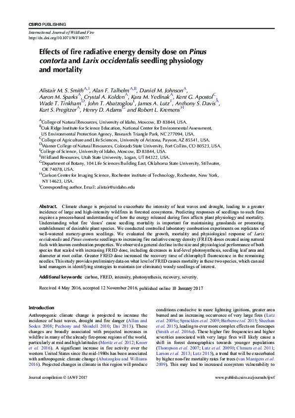 (PDF) Effects of fire radiative energy density dose on Pinus contorta ...