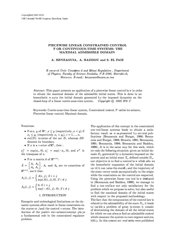 (PDF) Piecewise linear constrained control for continuous-time systems