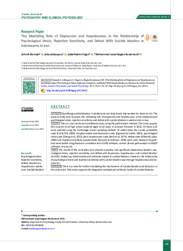 (PDF) The Mediating Role of Depression and Hopelessness in the ...