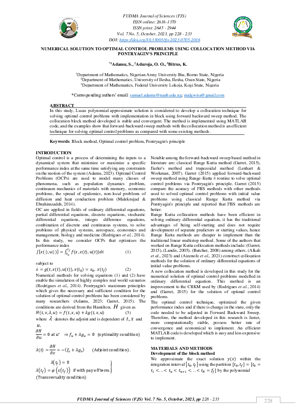 (PDF) Numerical Solution to Optimal Control Problems Using Collocation ...
