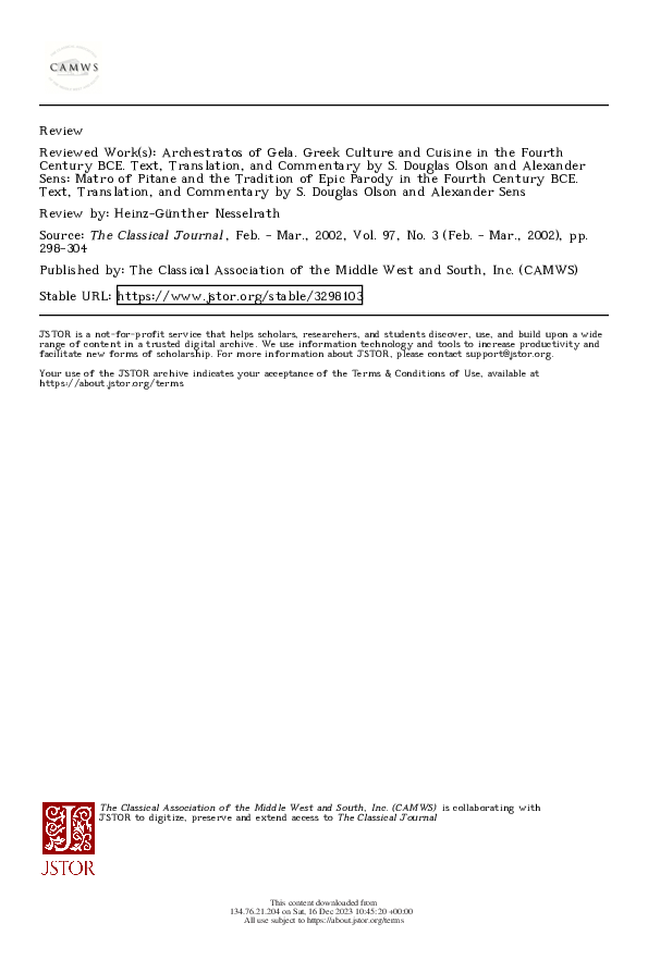(PDF) Review of: S. D. Olson – A. Sens, Archestratos of Gela. Greek ...