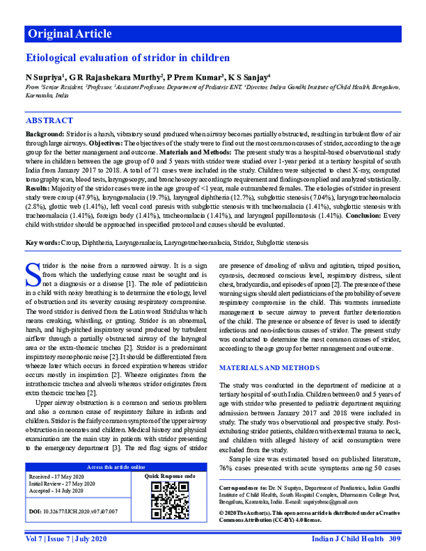 (PDF) Etiological Evaluation of Stridor in Children
