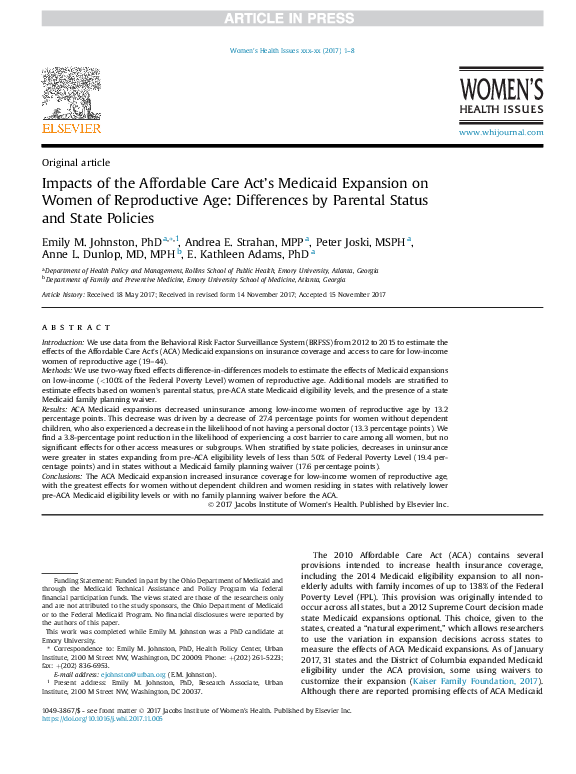 (PDF) Impacts of the Affordable Care Act’s Medicaid expansion on live ...