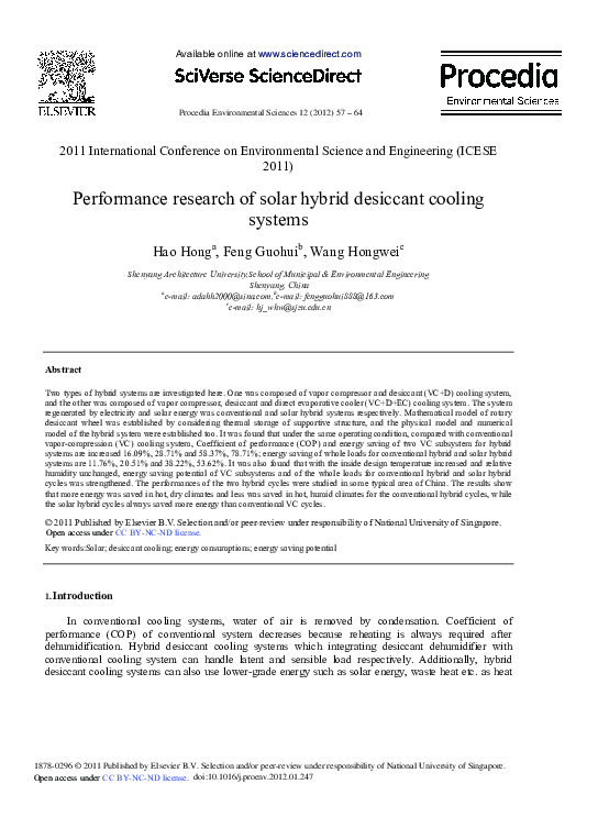 Picture of (PDF) Performance research of solar hybrid desiccant cooling systems