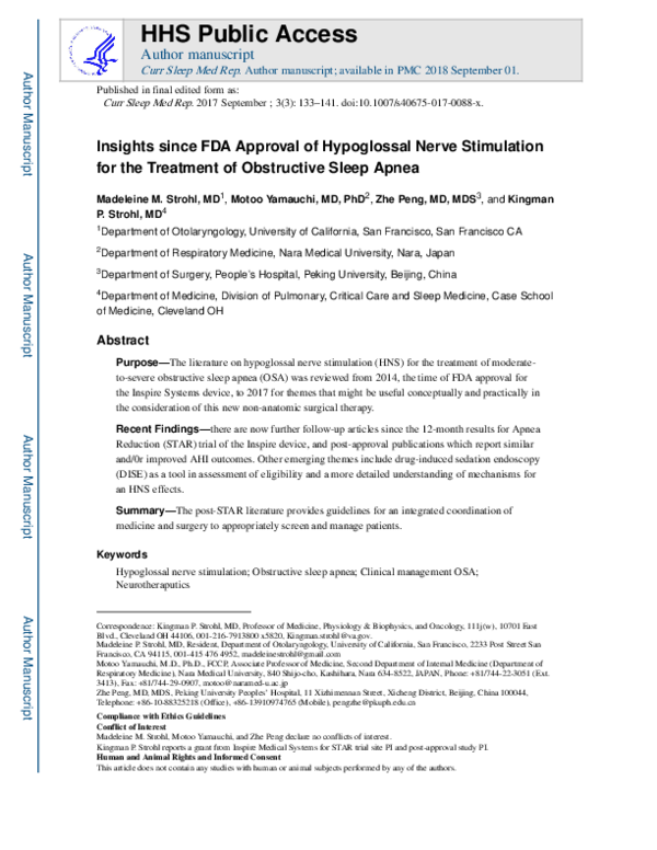 (PDF) Insights since FDA Approval of Hypoglossal Nerve Stimulation for ...