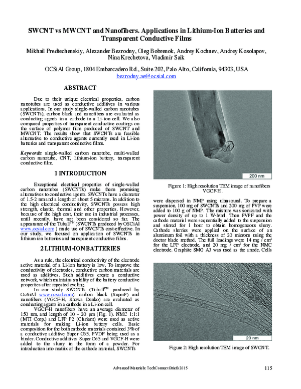 (PDF) SWCNT vs MWCNT and Nanofibers. Applications in lithium-ion ...