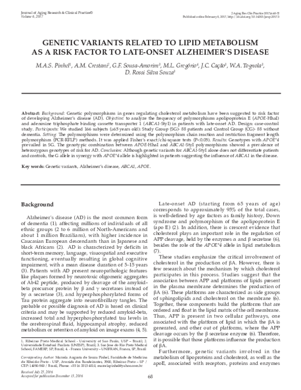 (PDF) Genetic Variants Related to Lipid Metabolism as a Risk Factor to ...