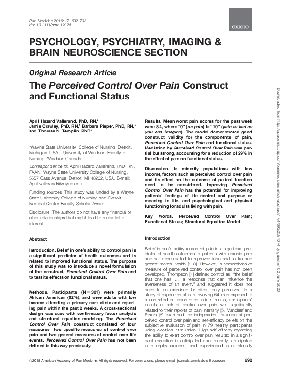 (PDF) ThePerceived Control over PainConstruct and Functional Status