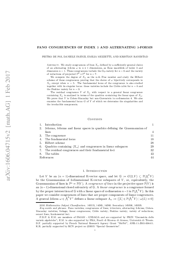 (PDF) Fano congruences of index $3$ and alternating $3$-forms