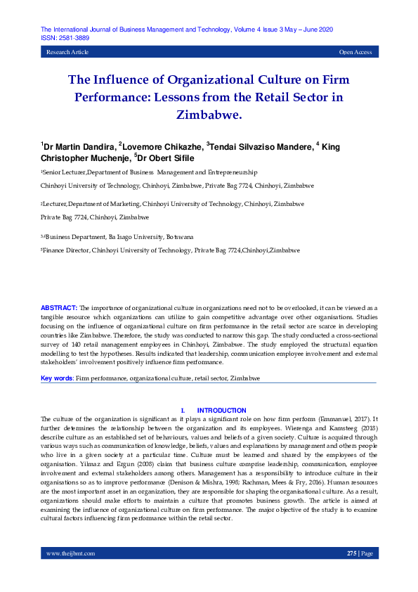 (PDF) The Influence of Organizational Culture on Firm Performance ...