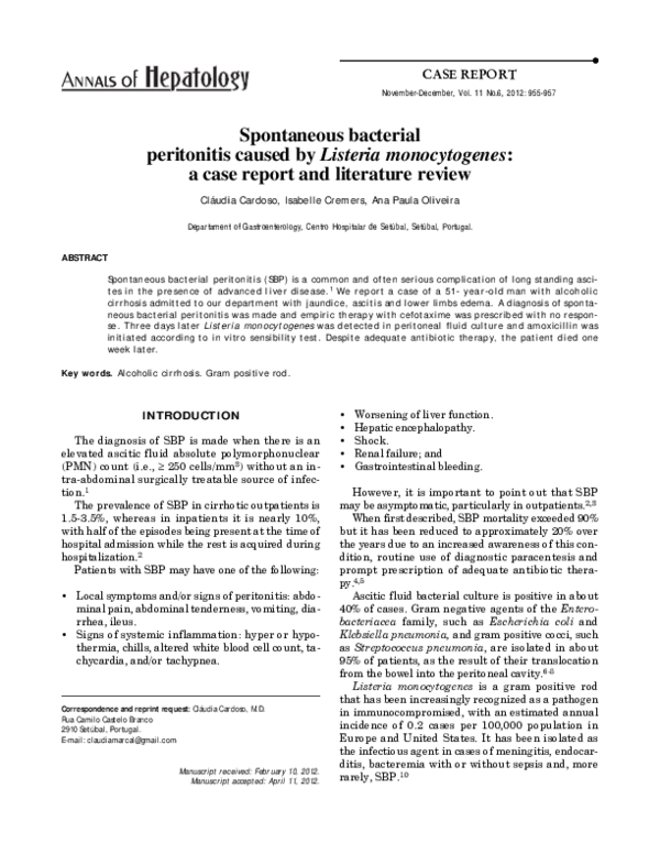 (PDF) Spontaneous bacterial peritonitis caused by Listeria