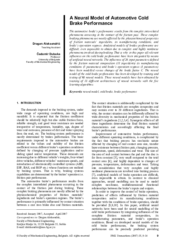 (PDF) A neural model of automotive cold brake performance