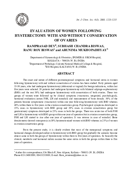 (PDF) Evaluation of Women Following Hysterectomy with and without ...