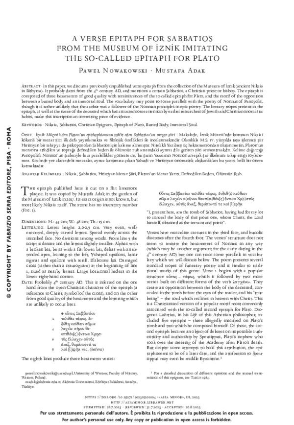 (PDF) A verse epitaph for Sabbatios from the Museum of İzni̇k imitating ...