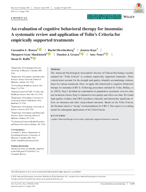 (PDF) An evaluation of cognitive behavioral therapy for insomnia: A ...