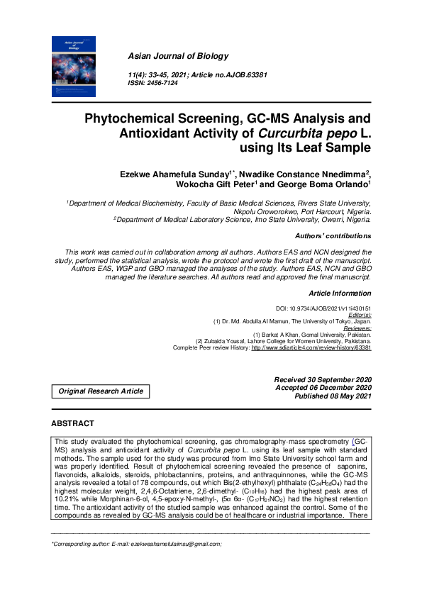 (PDF) Phytochemical Screening, GC-MS Analysis and Antioxidant Activity ...