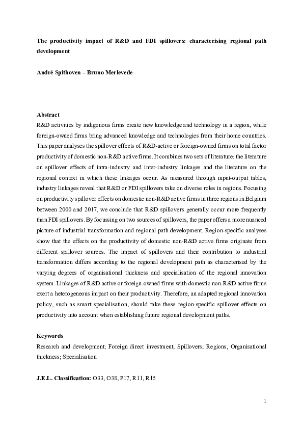 (PDF) The productivity impact of R&D and FDI spillovers: characterising ...
