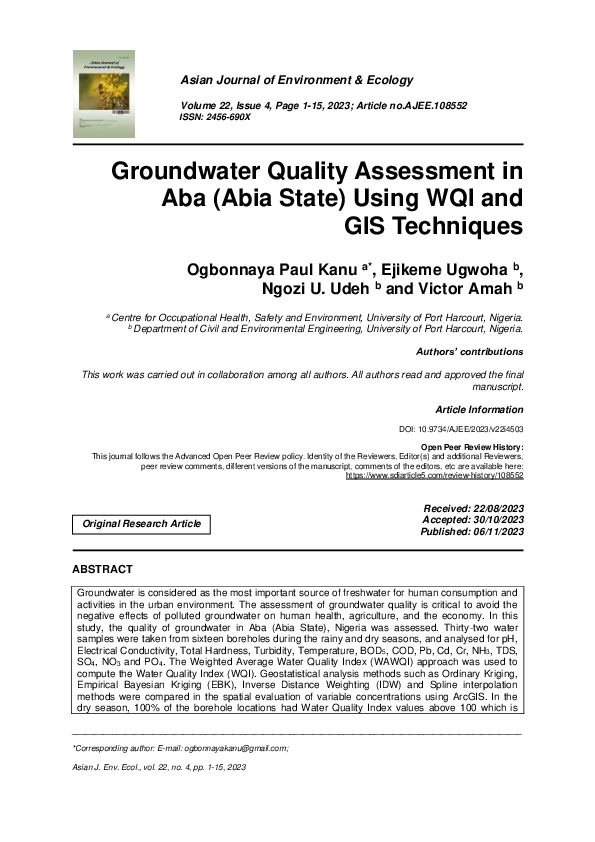 (PDF) Groundwater Quality Assessment in Aba (Abia State) Using WQI and ...