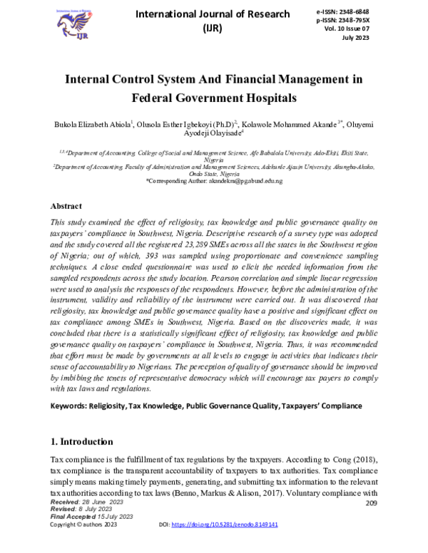 (PDF) Internal Control System And Financial Management in Federal ...