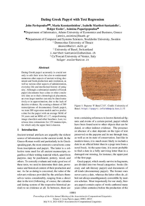 (PDF) Dating Greek Papyri with Text Regression