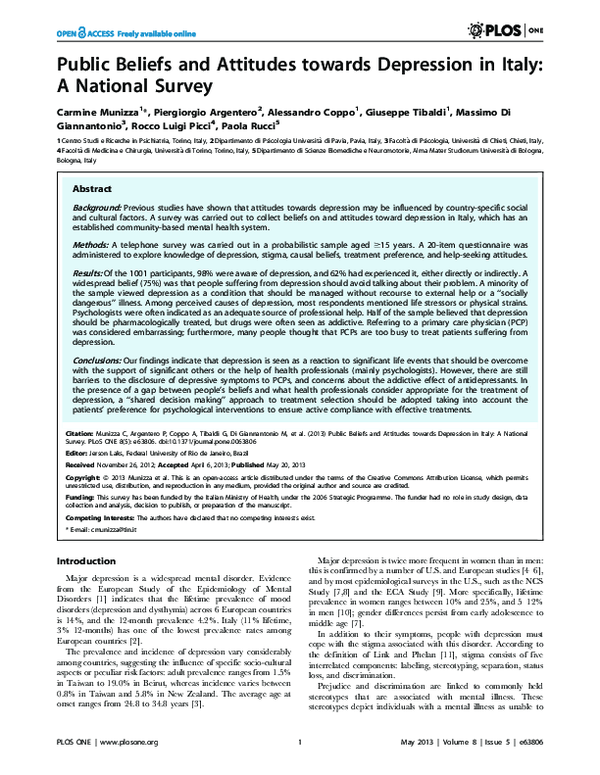 (PDF) Public Beliefs and Attitudes towards Depression in Italy: A ...