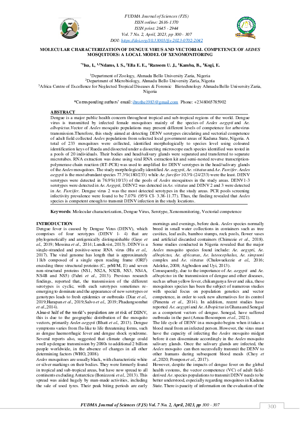 (PDF) MOLECULAR CHARACTERIZATION OF DENGUE VIRUS AND VECTORIAL ...