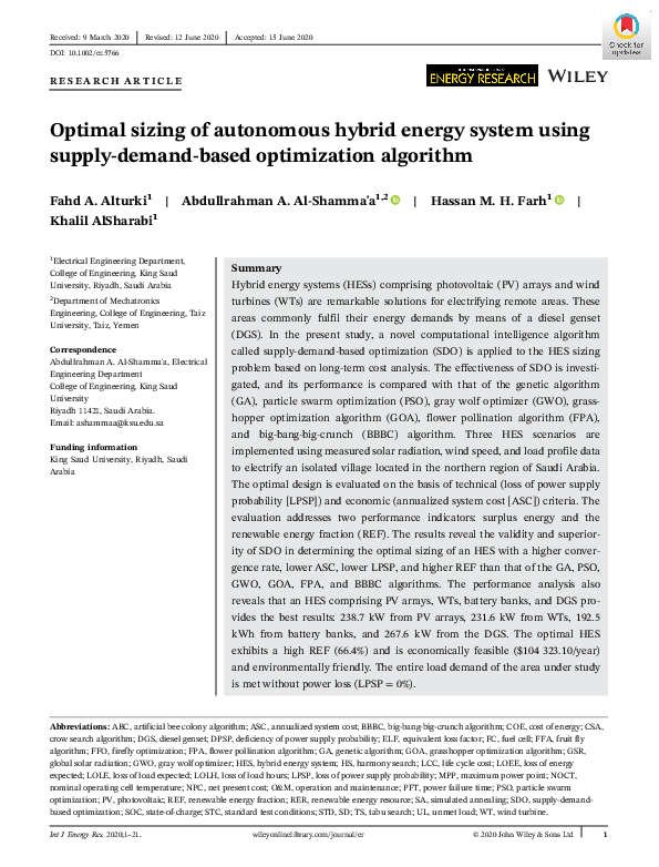 (PDF) Optimal sizing of autonomous hybrid energy system using supply ...
