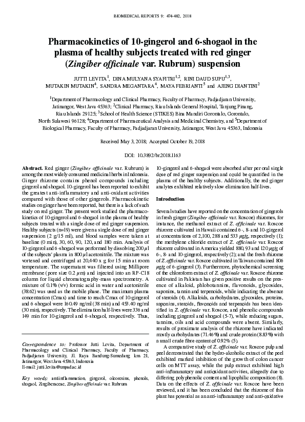 (PDF) Pharmacokinetics of 10‑gingerol and 6‑shogaol in the plasma of ...