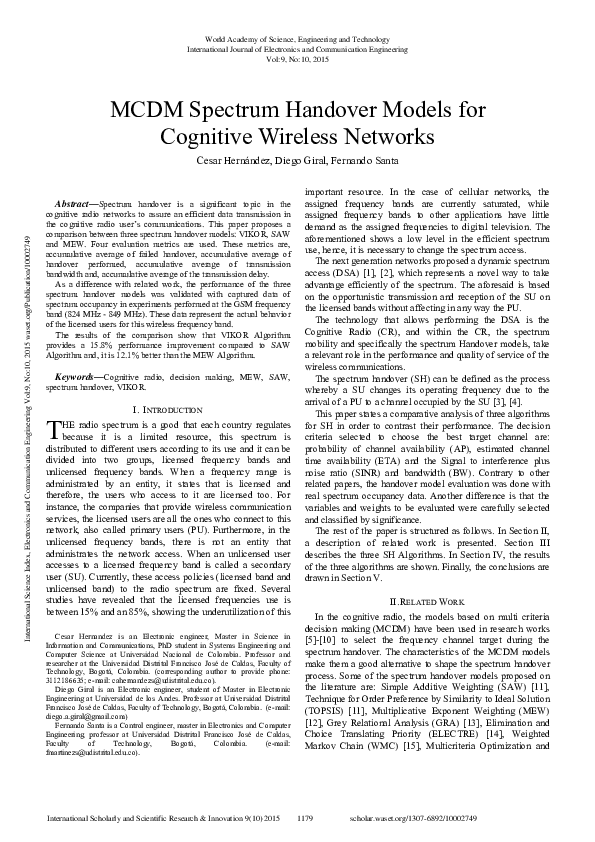 Predicting Wireless Network Handover Using Spatial Models Reference: Pdf Mcdm Spectrum Handover Models For Cognitive Wireless Networks