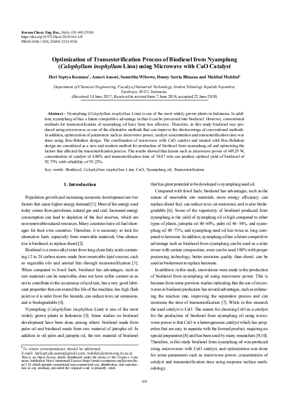 (PDF) Optimization of Transesterification Process of Biodiesel from ...