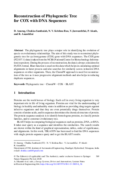 (PDF) Reconstruction of Phylogenetic Tree for COX with DNA Sequences