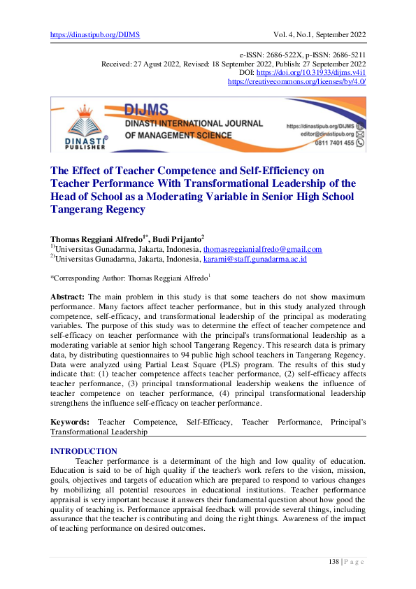 (PDF) The Effect of Teacher Competence and Self-Efficiency on Teacher ...