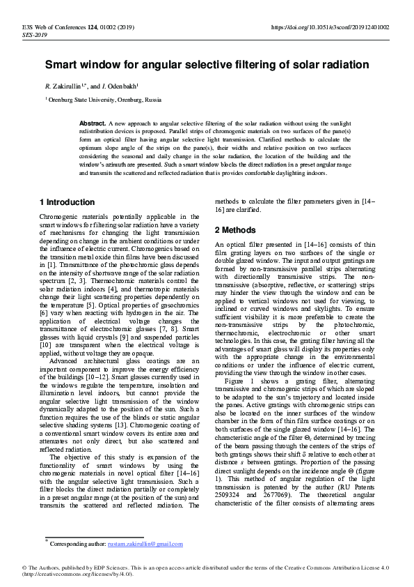 (PDF) Smart window for angular selective filtering of solar radiation