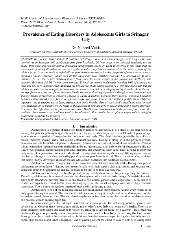 (PDF) Prevalence of Eating Disorders in Adolescents Girls in Srinagar City