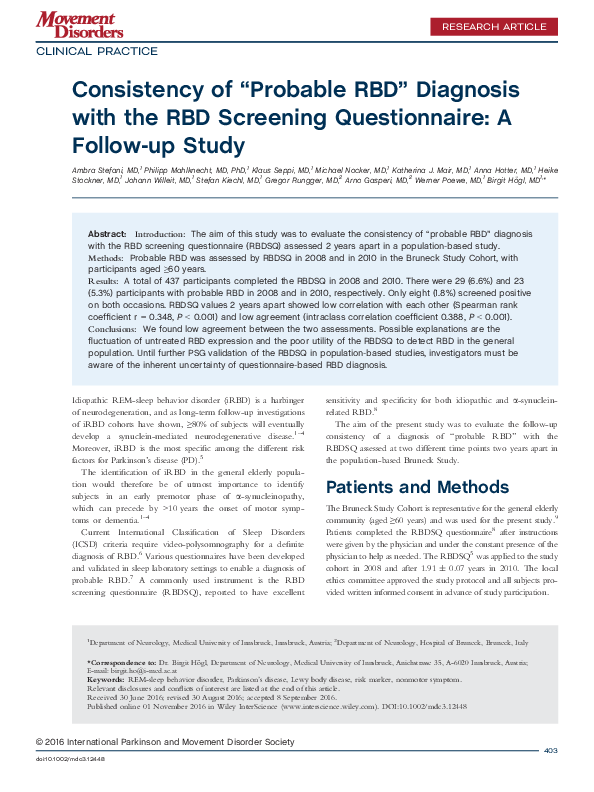 (PDF) Consistency of “Probable RBD” Diagnosis with the RBD Screening