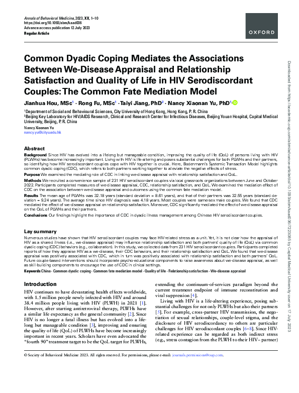 (PDF) Common Dyadic Coping Mediates the Associations Between We-Disease ...