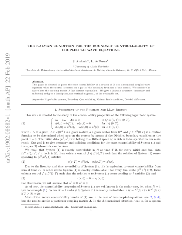 (PDF) The Kalman condition for the boundary controllability of coupled ...