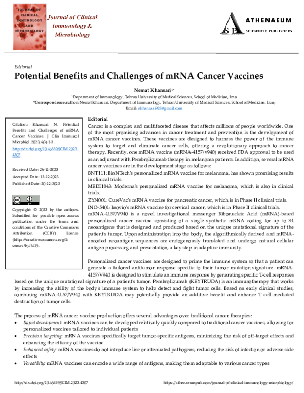 (PDF) Potential Benefits and Challenges of mRNA Cancer Vaccines