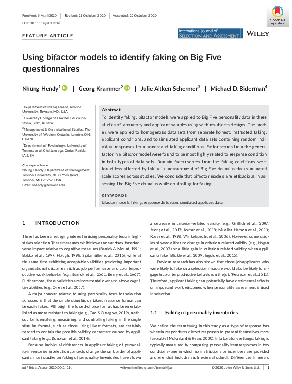 (PDF) Using bifactor models to identify faking on Big Five questionnaires